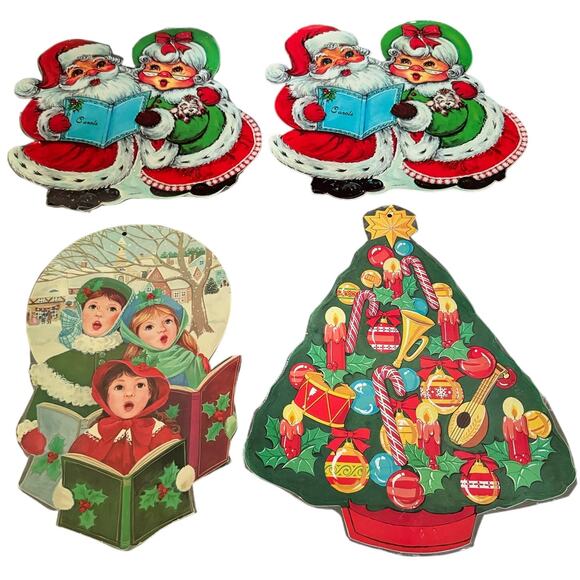 Vintage Christmas Paper Cut Outs Santa Mrs Claus Holiday Tree Carolers USA Made - Picture 1 of 9